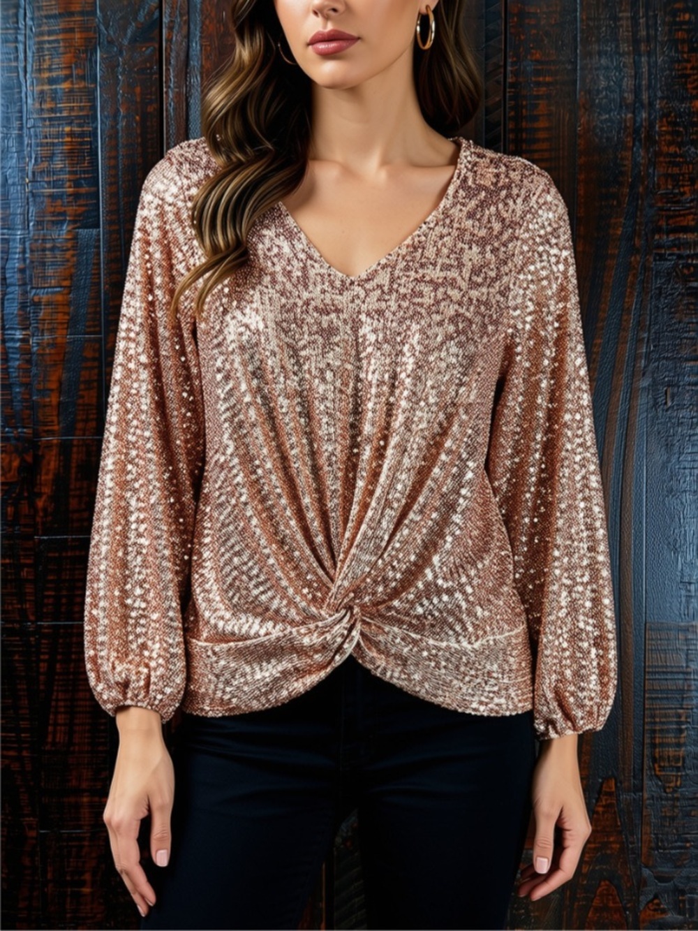 Cable & Gauge Sequin Twist Front V-Neck Top - Rose Gold Elegant Party XS - Picture 1 of 7
